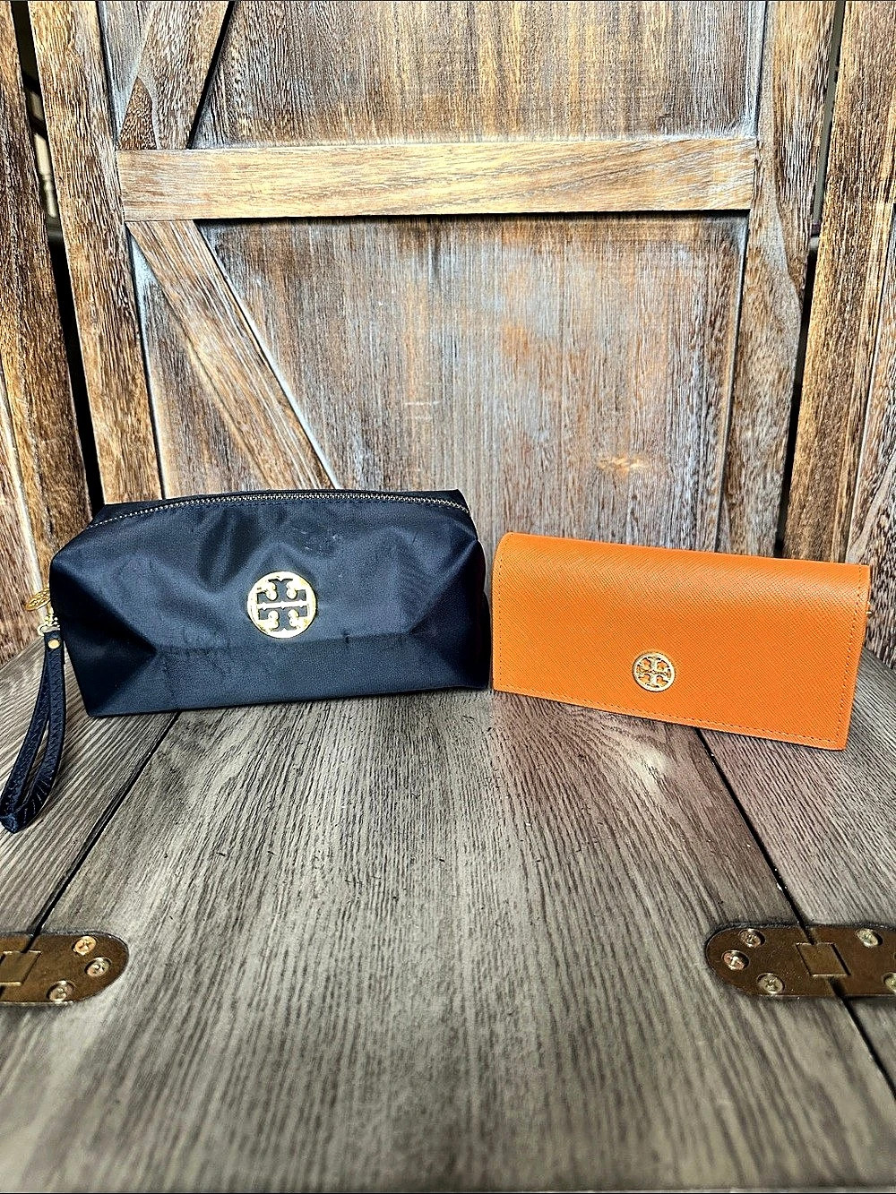Tory Burch Navy Blue Cosmetic Case & Orange Sunglasses Case